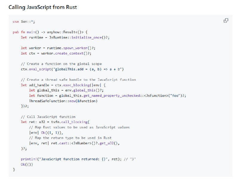 Ion.js — Rust 内嵌 JavaScript 运行时，重新定义多线程 JS 执行环境• 以 Rust + V8 引擎构建，基于 Tokio 实现高效事件循环，支持多线程并发执行  • 设计简洁的高层 API，灵感源自 napi-rs，易用且可扩展，支持插件系统等复杂应用场景  • 支持多上下文 (JsContext) 共享线程 (JsWorker)，每个 JsContext 拥有独立全局环境和事件循环  • 提供灵活的用户扩展接口