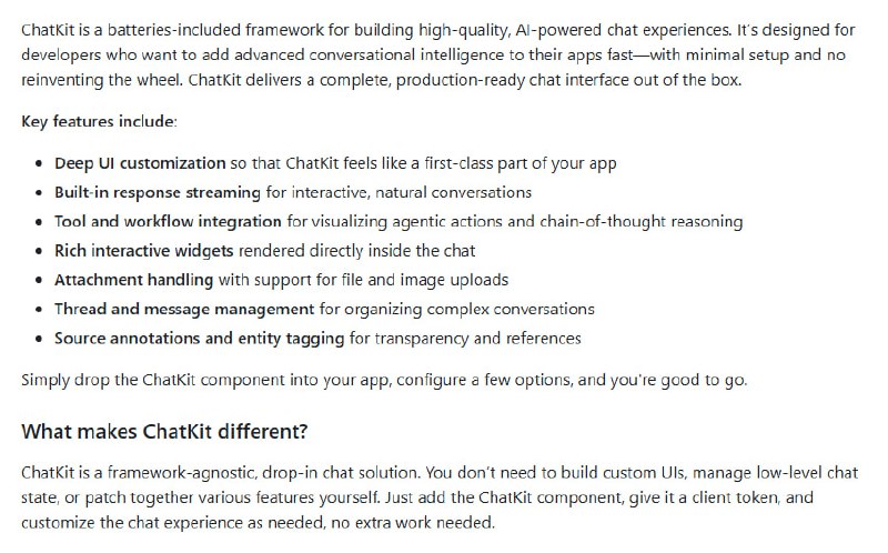 OpenAI ChatKit 是一个开箱即用的聊天框架，帮你快速集成高质量、AI 驱动的对话体验