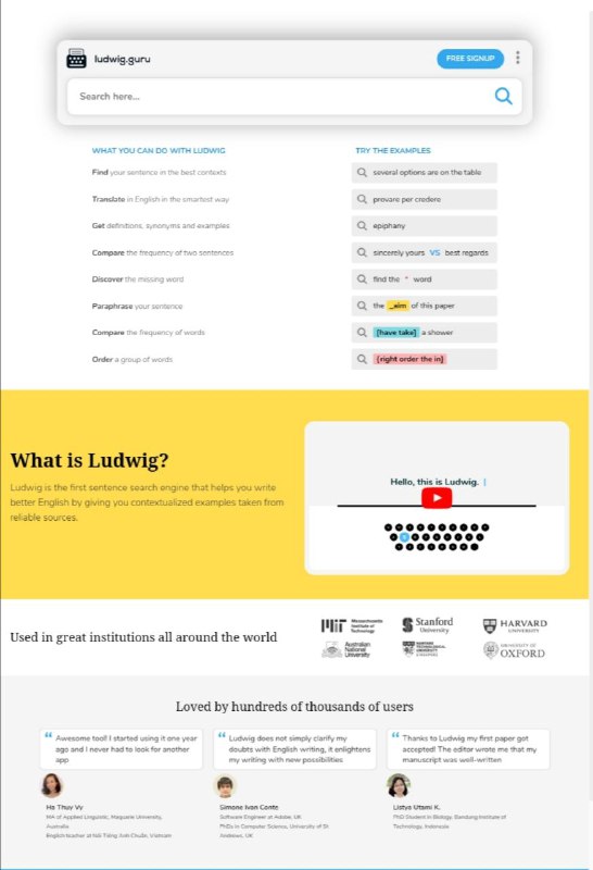 Ludwig 它是第一个以句子为基础的 #搜索引擎 ，从可靠来源中提供上下文的使用样例来提升英语写作水平
