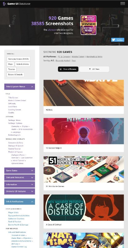Game UI Database 这个站点收集了920个游戏的38585张 #游戏 截图，并分类展示（如加载、暂停、设置数据、过关奖励展示等）