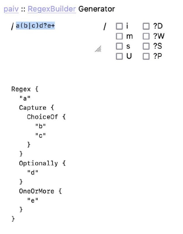 Swift 5.7 支持正则表达式语法，这里有个工具可以将正则表达式字符串转换为 RegexBuilder 语法，而且是实时/交互式的