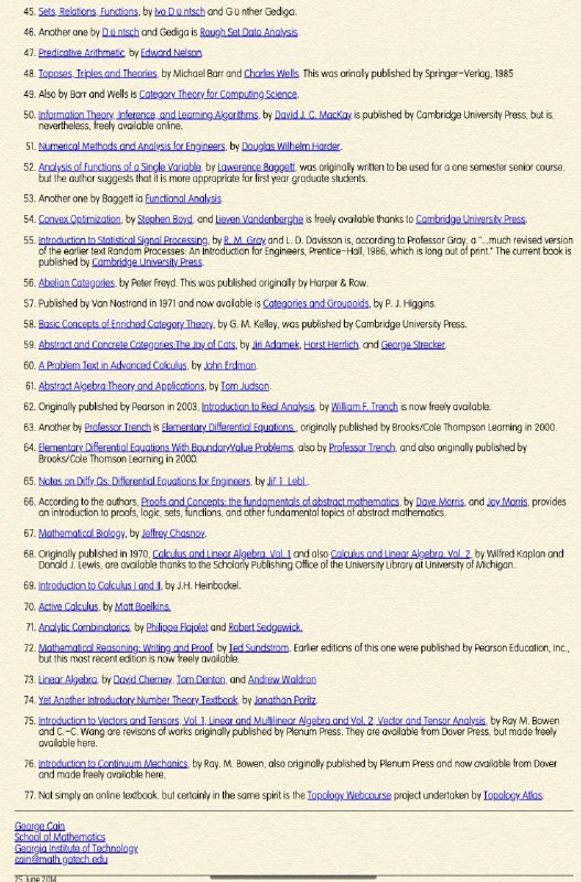 Online Mathematics Textbooks，一个在线的大学数学及相关学科教学资源页面，大部分可以在线阅读或者直接下载Online Mathematics Textbooks，一个在线的大学数学及相关学科教学资源页面，大部分可以在线阅读或者直接下载