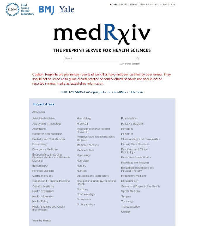 Medrxiv是一家免费的在线文档存储和分发的文献服务平台，用于存储完整的文献资料但未出版的医学、临产和相关科学手稿(也称之为预印本)medRxiv由非营利性研究和教育机构冷泉港实验室(CSHL)，耶鲁大学和全球医疗知识提供者BMJ共同创立