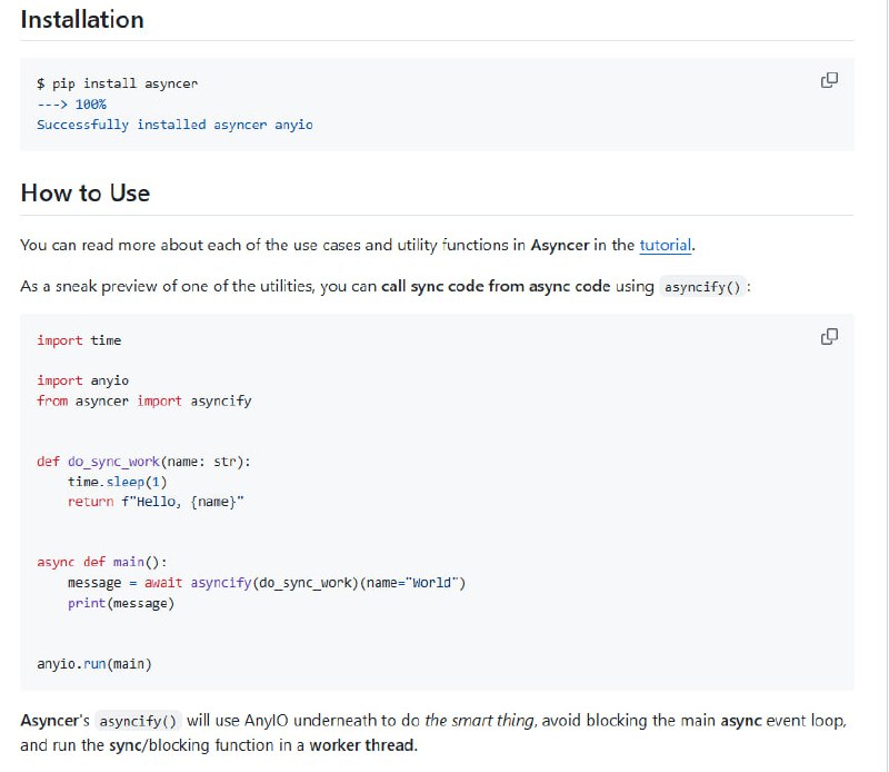 写代码遇到异步阻塞、回调地狱或者编辑器不友好？Asyncer 来帮你！Asyncer 是一个基于 AnyIO 的小巧 Python 库，专注提升异步编程的开发体验