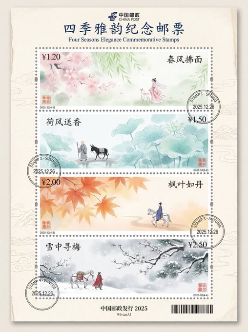 山水画风格邮票提示词 | 帖子山水画风格邮票提示词 | 帖子