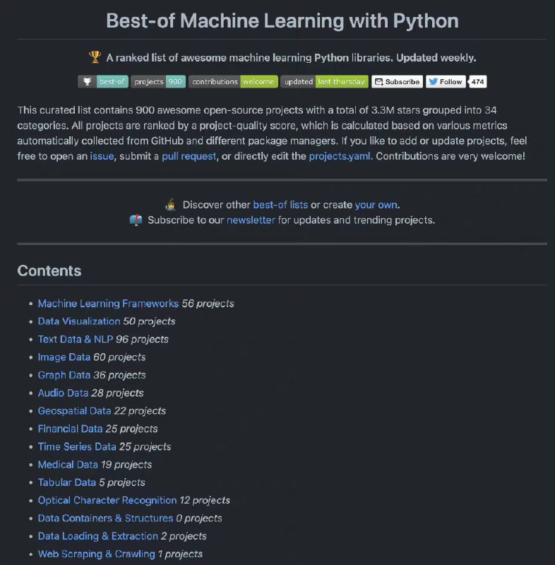 Best-of Machine Learning with Python，里面收录了一些比较实用的 #机器学习 与 #Python 开源项目与 #工具收录项目共计 900 多个，包括数据可视化、自然语言处理、文本与图像数据、Web 爬虫等分类