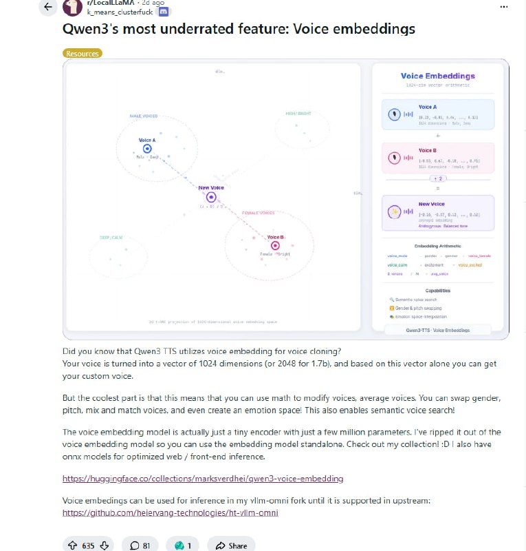 你的音色可以被数字化——Qwen3 TTS最被低估的功能 | 帖子Qwen3 TTS内置了一个声音嵌入（voice embedding）系统，能把任何人声压缩成一串数字向量，然后用数学运算来克隆、混合、改变声音