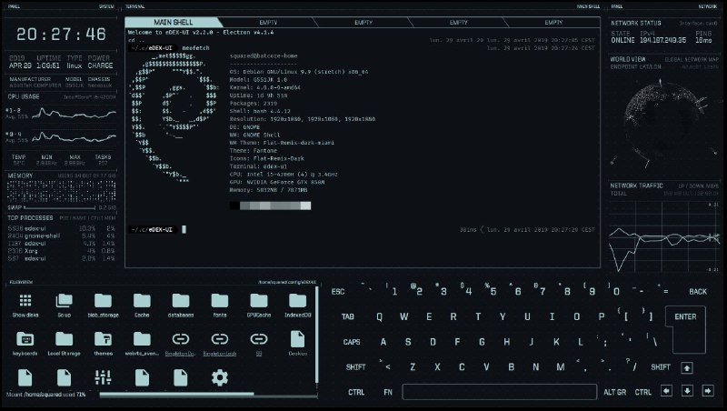 高颜值终端模拟器 eDEX-UI是一个全屏、跨平台的终端 #模拟器 和系统监视器，它的外观和感觉就像一个科幻电脑界面